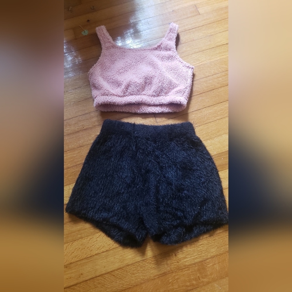 Fur cute pink Crop Top & black Shorts.